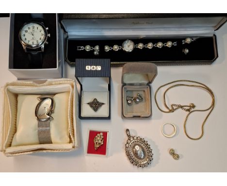 A quantity of jewellery and watches to include gold tone items, a late 20th Century silver and marcasite dress ring, a modern