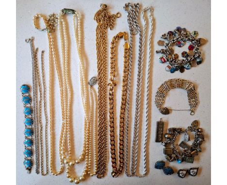 Mixed costume jewellery to include simulated pearl necklaces A/F, an 'OR' heavy gold tone chain 109g, a silver tourist charm 