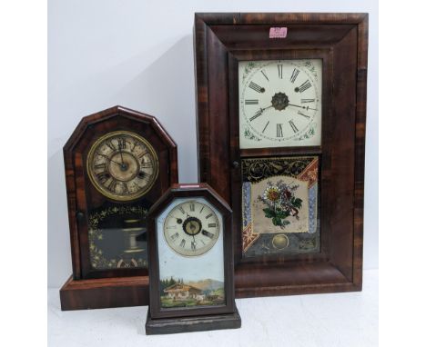 Three clocks to include an early 20th century "Bonus Tea" mantel clock with a painted glass panel and faced with a Roman dial