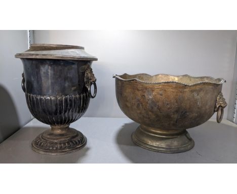 A silver plated wine cooler with lion ring handles 26H x 19W together with a punch bowl 20H x 34WLocation:If there is no cond