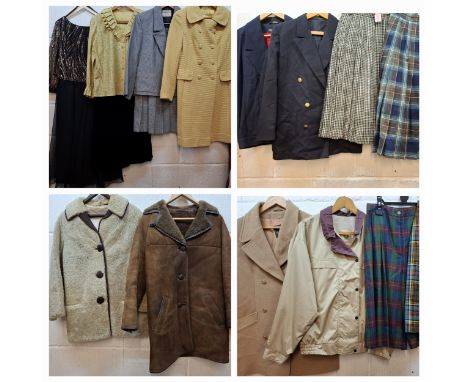 A quantity of late 1970's and later ladies clothing to include kilts, mainly UK14, a Jaeger skirt suit UK14, a Morlands brown