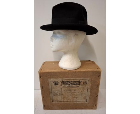 A 1940's/50's Henry Heath black felt Fedora hat, approx 56cm internal circumference, 19cm front to back and 16cm side to side