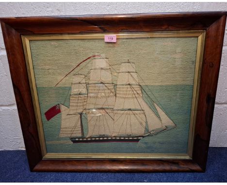 A mid 19th Century sailor's woolwork 'Woolie' embroidered picture panel, approx 22" wide x 18" high depicting a triple masted