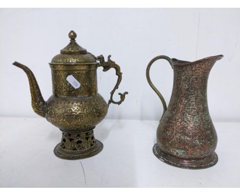 An Indian Kashmiri brass kettle, possibly late 19th century; and an Indian copper jug with brass handle, floral decoration, a
