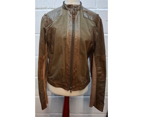 A Jan & Carlos by Vera Pelle brown leather and fabric sports jacket with multiple zips, European size 48 (approx 40" chest) .