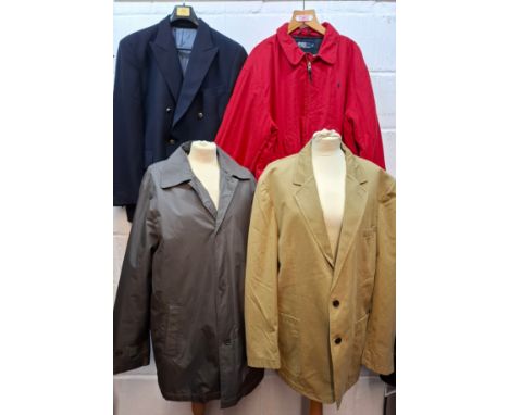 A group of gents jackets to include an M&S brown waterproof jacket with detachable Burberry tartan wool lining, an Orvis jack