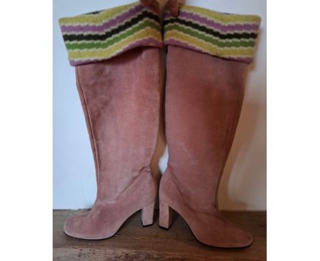 Missoni- A pair of vintage Missoni Sport pink suede boots having a 9cm block heel with a side zip opening and a yellow, green