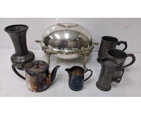 Mixed pewter and silver plate to include a Tudric pewter vase numbered 01414, a silver plated domed top serving dish, and oth