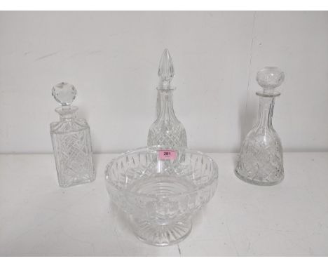 A selection of cut table glass to include a Stuart crystal bowl, and a Thomas Webb whisky decanter and stopper.Location: G2If