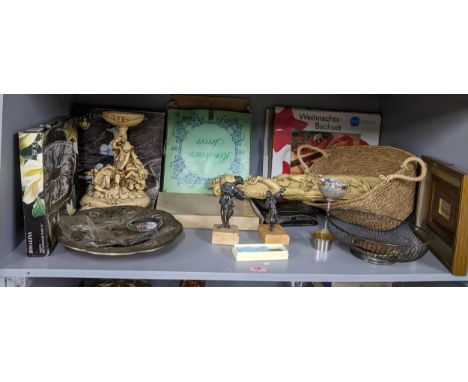 A mixed lot of silver and silver plated items, along with other items to include two silver clad musician figures of violin p