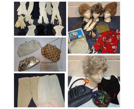 A quantity of vintage gloves, 2 vintage theatrical costumes comprising a Gaslight Gaieties black full length gown decorated w