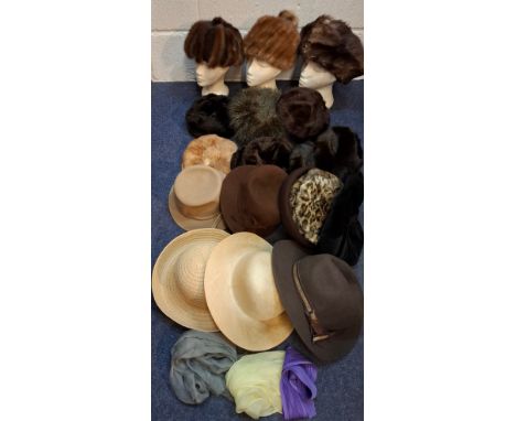 A quantity of vintage fur, faux fur, straw and felt ladies hats to include mink examples together with vintage chiffon scarve