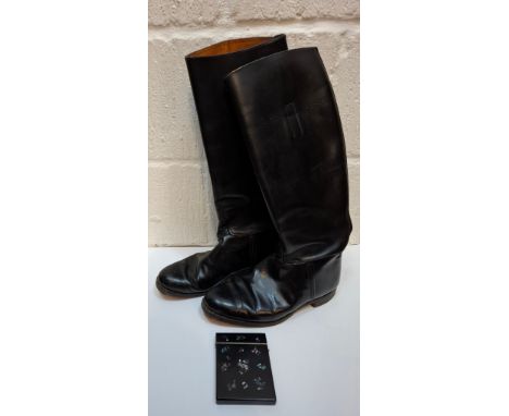 A pair of vintage black riding boots, measures 11" front toe to heel together with a pair of spur straps and a Jennens & Bett