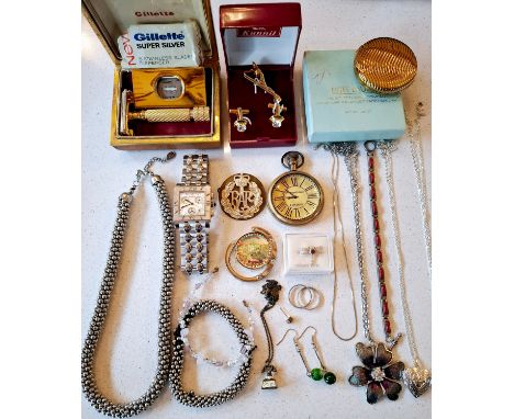 A quantity of costume jewellery and small collectables to include a Barthelay Les Sloanes gents silver tone watch no:17816, a