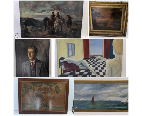Mixed pictures to include an oil on canvas portrait, a surrealist style oil painting and othersLocation:If there is no condit