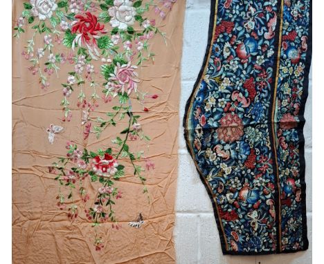 Two early 20th Century Chinese hand-embroidered sections A/F, the black panel using various stitch techniques to include the 