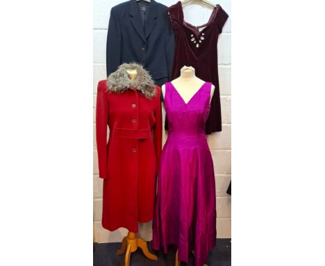 A group of late 20th Century ladies clothing comprising a Monsoon fuchsia silk dress UK10, a Karen Millen red coat with grey 