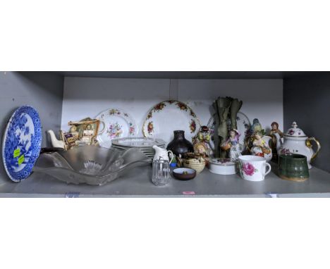 A mixed lot of ceramics to include Sitzendorf figurines, studio pottery, Royal Albert Country Roses cake plate, and other ite