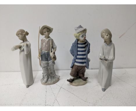 Four Lladro figures to include a young boy in fishing attire, another dressed as a clown, and others Location:If there is no 