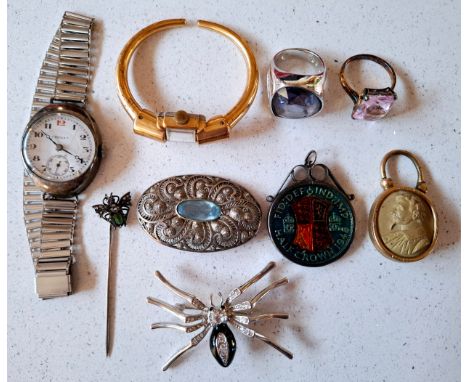 Costume jewellery and 2 watches to include a large silver tone Swarovski ring with large lilac stone, boxed, an Art Deco ladi