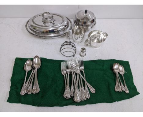 Silver plate to include six place setting flatware with crest and entree dish, toast rack and other itemsLocation:If there is