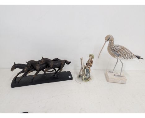 A mixed lot to include a cast resin sculpture of three bronze coloured horses, together with an Italian model fashioned as an