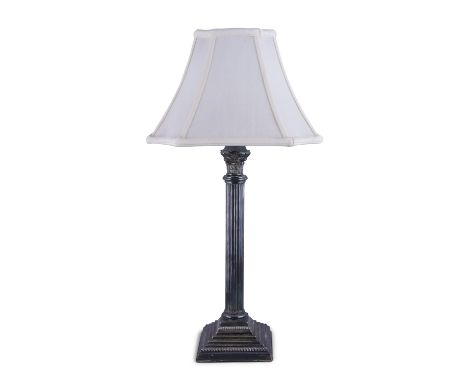 A SILVER PLATED CORINTHIAN COLUMN TABLE LAMP AND SHADE 