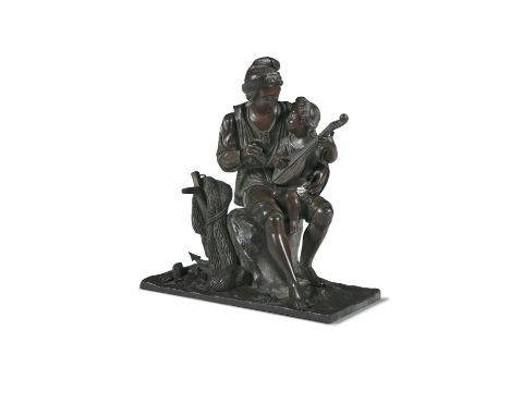 A 19TH CENTURY BRONZE GROUP OF A FISHERMAN, with a child on his knee holding a lute, the base with fish, anchor and fishing n