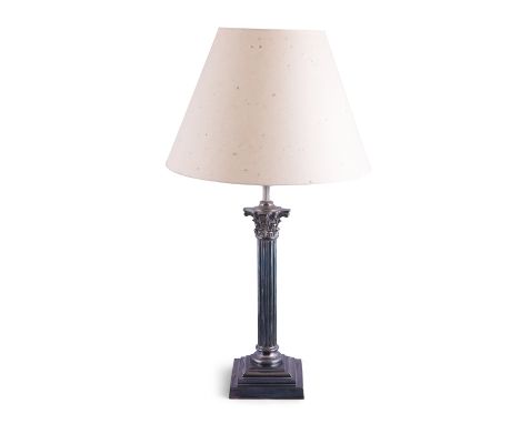 A SILVER PLATED CORINTHIAN COLUMN TABLE LAMP AND PARCHMENT SHADE 