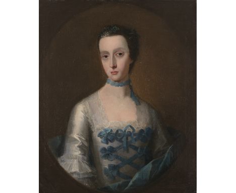 JOHN LEWIS (ENGLISH SCHOOL, FL.1736-1776) Portrait of a Lady in a Blue Silk Dress Oil on canvas, painted oval, 75 x 63cm Sign