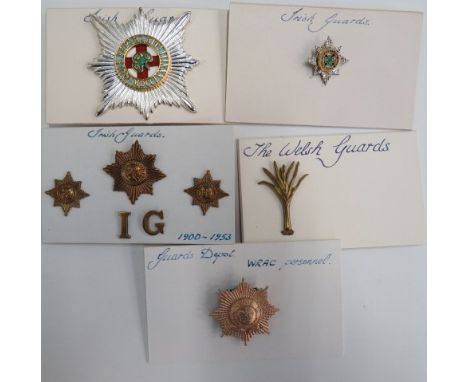 Small Selection of Guards Badgesconsisting frosted silvered, gilt and enamel Irish Guards Officer small cap badge ... Plated,