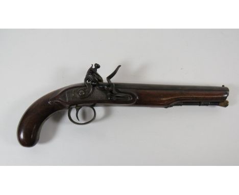 Early 19th Century Officer's Flintlock Holster Pistol by 'Baylis'16 bore, 9 1/8 inch barrel.  Brass bead foresight.  Stepped 