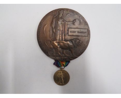 WW1 1st Bn King's Own Regiment 1916 Casualty Medal and Memorial Plaque.Awarded to '27677 Pte H. Wardley R. Lanc R'. Comprisin