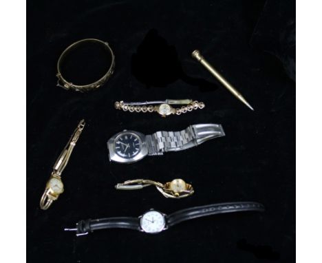 Two Oris rolled gold ladies wristwatches; and Excalibur ladies wristwatch; a Citizen Automatic gentlemans watch; a Timex Indi