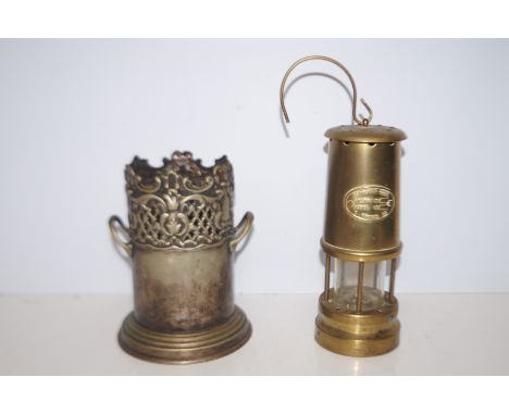 Ferndale mining lamp together with Edwardian plated bottle holder