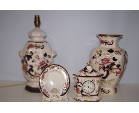 Four items of masons ironstone ware clock, vase, lamp &amp; photograph frame Height of lamp 42 cm