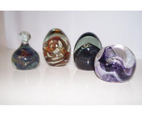 3 Signed Mdina paper weights together with a Caithness paper weight