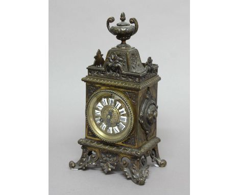 FRENCH BRASS MANTEL CLOCK, late 19th century, the dial with enamelled numerals on a brass eight day movement half hourly stri