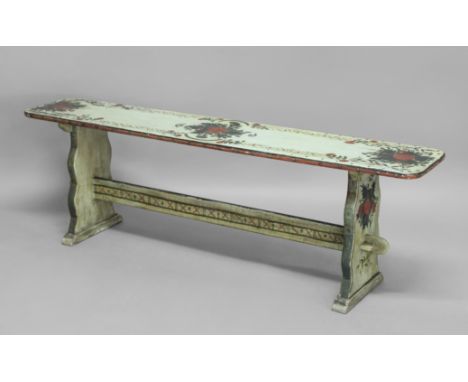 PAINTED WOODEN BENCH, in the manner of the Bloomsbury Group, painted with flowers and birds on a pale turquoise ground, lengt