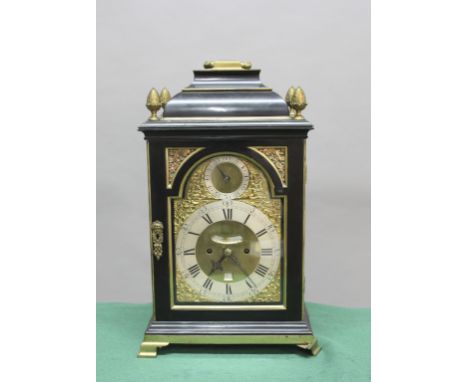 GEORGE III EBONISED BRACKET CLOCK, late 18th century, the brass dial with a 6 3/4" silvered chapter ring enclosing a false bo