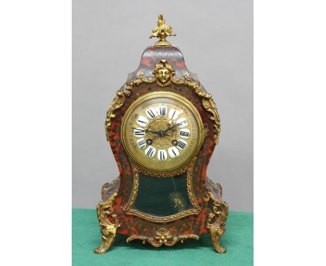 FRENCH LOUIS XV STYLE MANTEL CLOCK, the gilt dial with enamelled numerals on a brass movement striking to a bell, the Boulle 