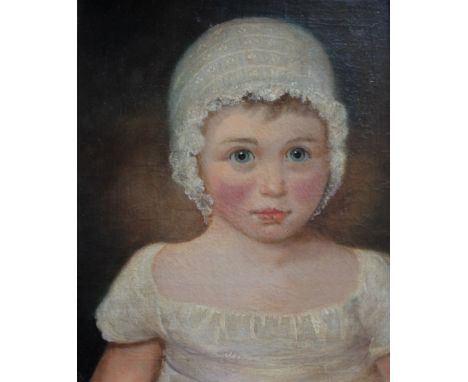 ENGLISH SCHOOL, 19th CENTURY PORTRAIT OF A CHILD Bust length, wearing a cream dress and bonnet, oil on canvas, probably cut d