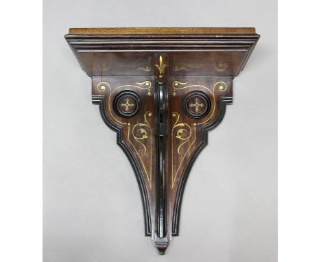 MAHOGANY AND BRASS INLAID CLOCK BRACKET, mid 19th century, with a stepped shelf and scrolling inlay, height 51cm, width 46cm,