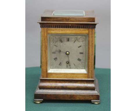 REGENCY ROSEWOOD MANTEL TIMEPIECE, the 3 1/2" silvered dial with scrolling foliate spandrels on a brass, four pillar, eight d