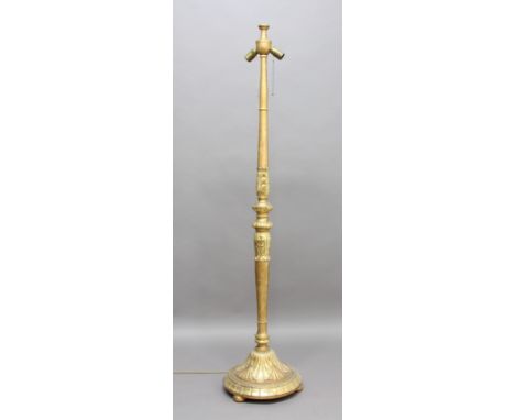 GILT PAINTED STANDARD LAMP, the double light fitting on turned, tulip carved column and circular base, height 183cm; together