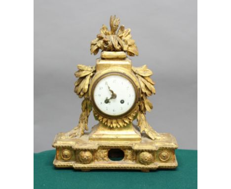 FRENCH GILTWOOD MANTEL CLOCK, 19th century, the 3 3/4" enamelled dial on a brass movement striking to a bell, height 36cm