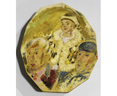 •JEFFERY CAMP, RA (b.1923) CRAIGIE, GIRL AND SELF PORTRAIT ON A BUS Oil and pencil sketch on ply panel, of irregular hendecag