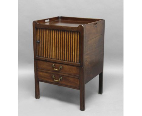 GEORGE III MAHOGANY TRAY TOP COMMODE, with a banded, tambour door, height 81cm width 56cm, depth 48cm