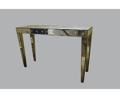 MIRRORED CONSOLE TABLE, the rectangular top above a frieze of 'fish eye' circles, on tapering square section legs, height 85c