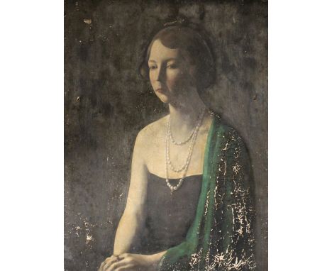 •JACOB KRAMER (1892-1962) PORTRAIT OF A LADY Half length, wearing a black dress with a green shawl, with illegible inscriptio